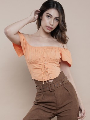 BFP PC Puff Sleeves Twill Crop Corset Top