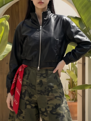 Zip Up Leather Bomber Jacket
