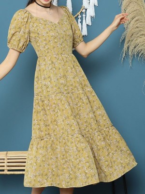 Cottage Core Layer Ruffles Midi Flower Print Dress 