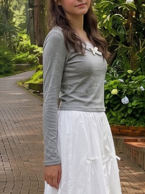 JR CORE PG Lace & Ribbon Neckline Long Sleeves Tee
