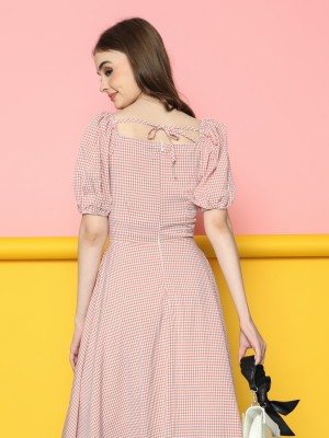 Gingham Side Gathered Cottage Midi Dress