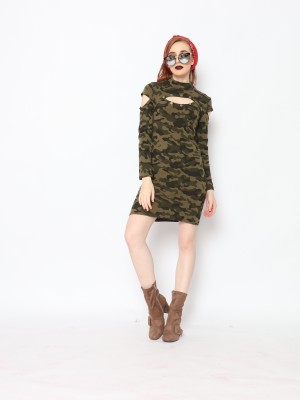 TM CAMO COLD SHOULDER NECKLINE HOLE DRESS