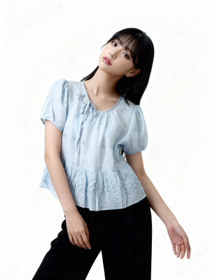 CNY Flower Embroidery Necklining Tied Top