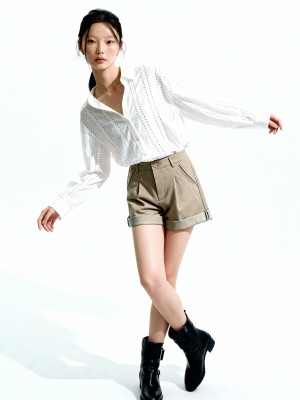 Pecan Grid Lines Embroidery Oversize Shirt