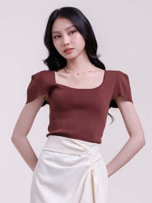 SMARTEN SQUARE NECT CAP SLEEVES KNIT TOP