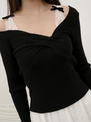SMARTEN Front Twisted Lace Accent Knit Top