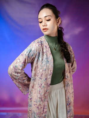 WW Embellished Flower Embroidery Combi Long Kimono Outer