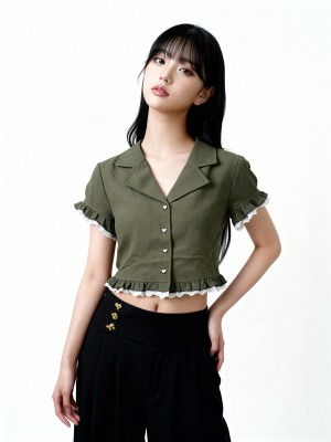 JR Eliana Heart Button Ruffles Sleeves Top