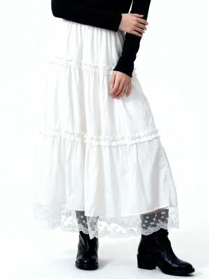 Elastic Waist Tiered Ruffles Long Inner Lace Skirt