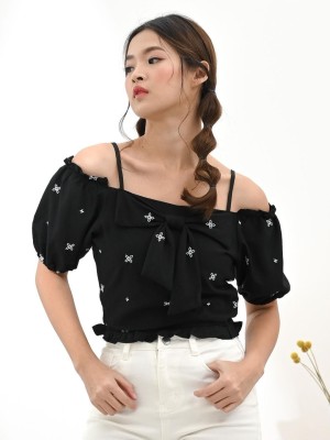 Embroidered off shoulder ribbon front top