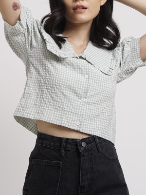 BFP Wide Ruffles Collar Semi Crop Checkered Shirt