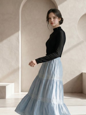 EID Flower Lace Tiered Rayon Combi Maxi Skirt