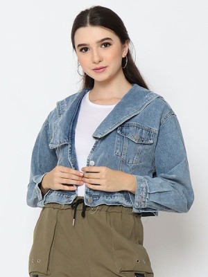 Cottage Core Flap Collars Semi Crop Denim Jacket