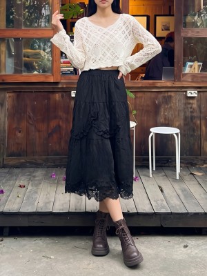 00 Ruffles Curtain Like TieredEmbroidery LongSkirt