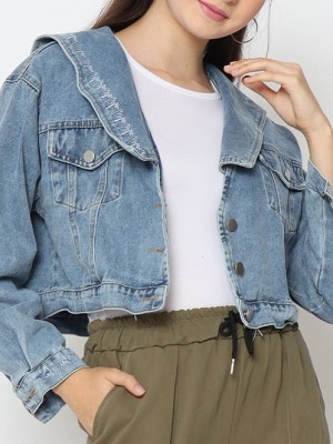 R Wide Collar Embroidered Denim Jacket