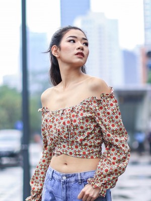 Off Shoulder Boho Print Back Tied Top