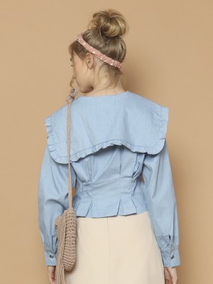 Pinched Waist Ruffles Collar Semi Crop Shirt