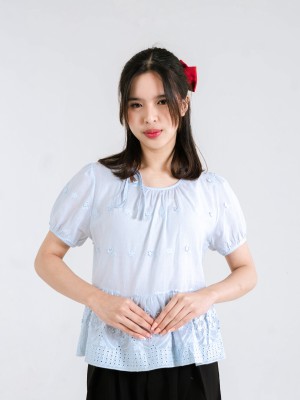 CNY Flower Embroidery Necklining Tied Top