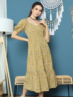 Cottage Core Layer Ruffles Midi Flower Print Dress 