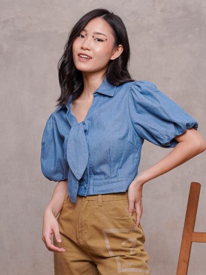 ER Puff sleeves crop sailor denim top