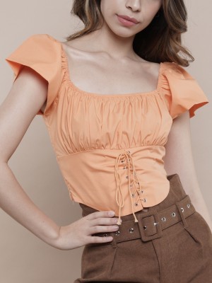 BFP PC Puff Sleeves Twill Crop Corset Top