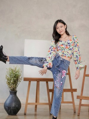 CNY Runched flower paint top