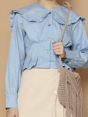 Pinched Waist Ruffles Collar Semi Crop Shirt