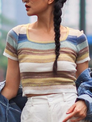 Pastel Stripes Square Neck Knit Top