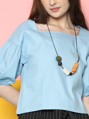 Puff Sleevees Square Neckline Denim Top