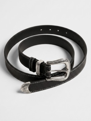 Engraved Silver Buckle Black  And Brown Belt