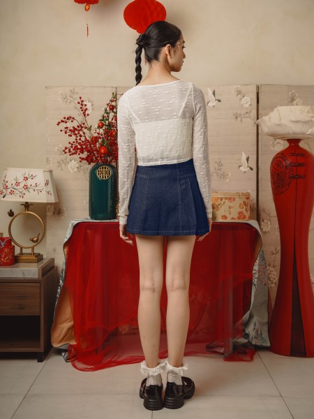 TT Heart Button Denim Pleats Skirt