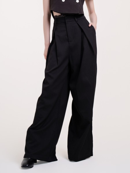 SMARTEN LACE EDGE FRONT PLEATS HIGH WAISTED PANTS