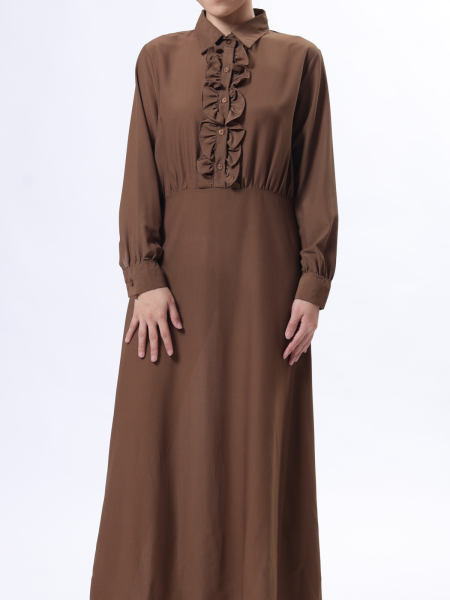Front-Ruffle Long Sleeveless Half Button-Up Maxi Dress