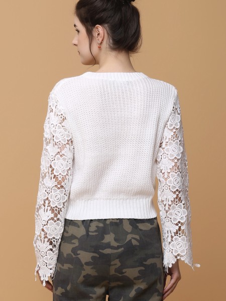 Sleeves Ambroidered Knitted Crop Sweater