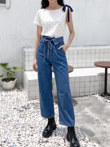 JR CORE Heart Shape Dot With Ribbon Tied Tee