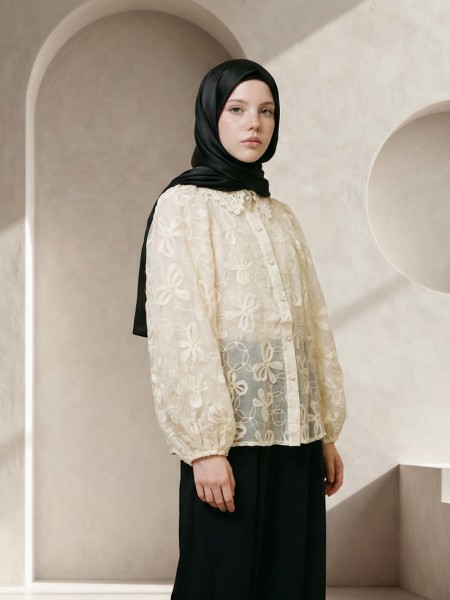 EID ELITE Bubble Sleeves Ribbon Embroidery Crochet Collar