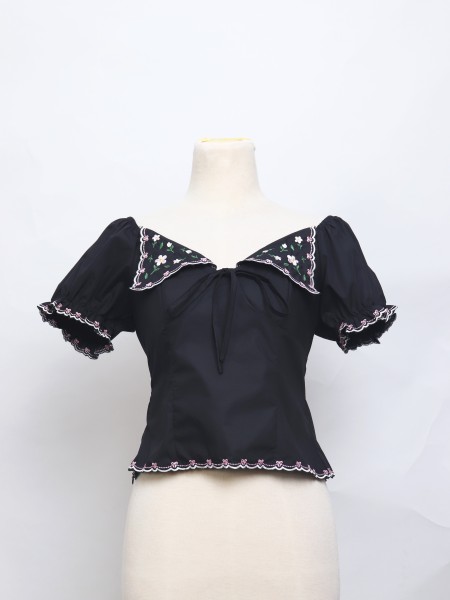 SEA Collar Embroidery Puff Sleeves Top