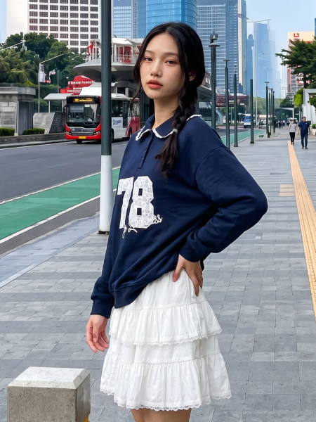 JR NRC Oversize 78 Lace Embroidery Polo Sweat Top