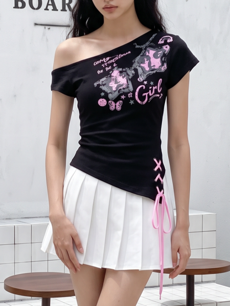 Girl Off Shoulder Tee Side Pink Shoelace Tie Tee