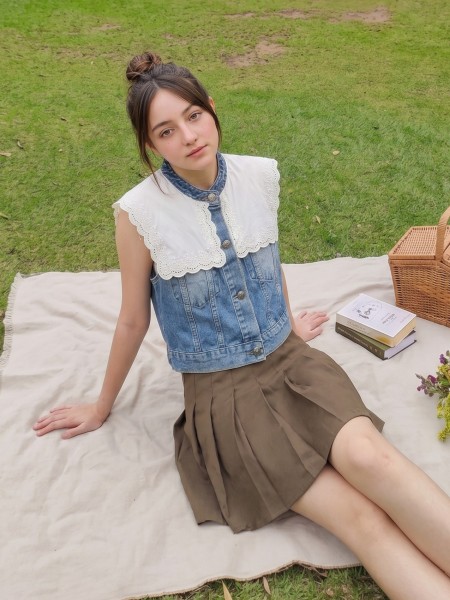 PG Onyi Edge Embroidery Collar Combi Denim Vest