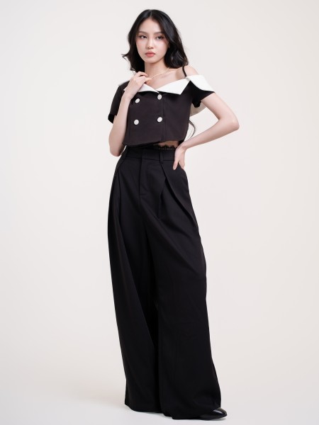 SMARTEN LACE EDGE FRONT PLEATS HIGH WAISTED PANTS