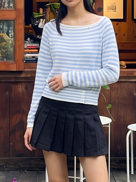 PG Blue Stripes Off Shoulder Knit Top