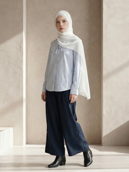 EID Anifa Blue Stripes Wide EmbroideredCollarshirt