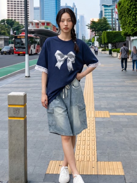 JR NRC Bow Print Lace Sleeves Tee