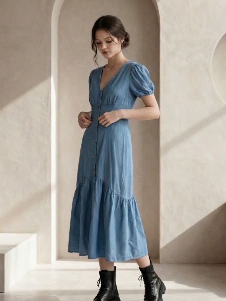 EID Namira Heart Button Midi Denim Dress