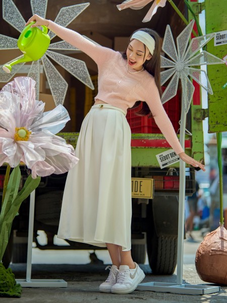 SEA White Pleats Midi Skirt
