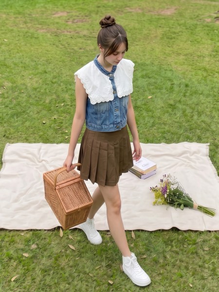 PG Onyi Edge Embroidery Collar Combi Denim Vest