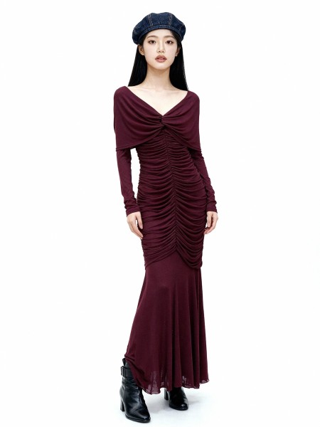 ELITE Ruth Red Draped Off Shoulder Long Dress