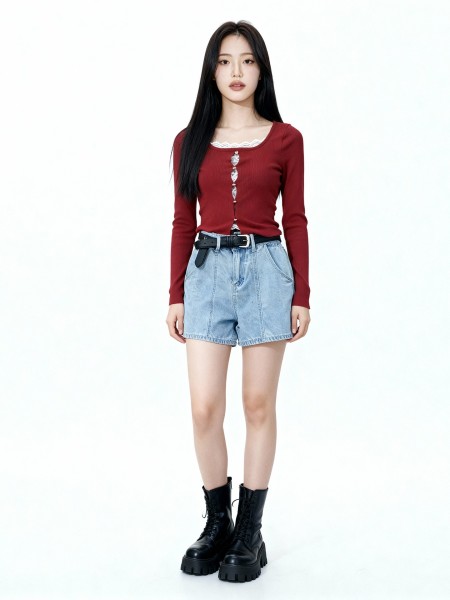 Hute Inner Lace With Sunflower Button Knit Top