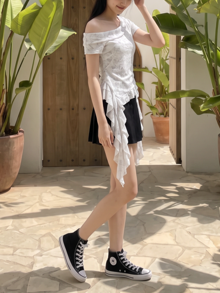 Off Shoulder Washed Side Drop Ruffles
